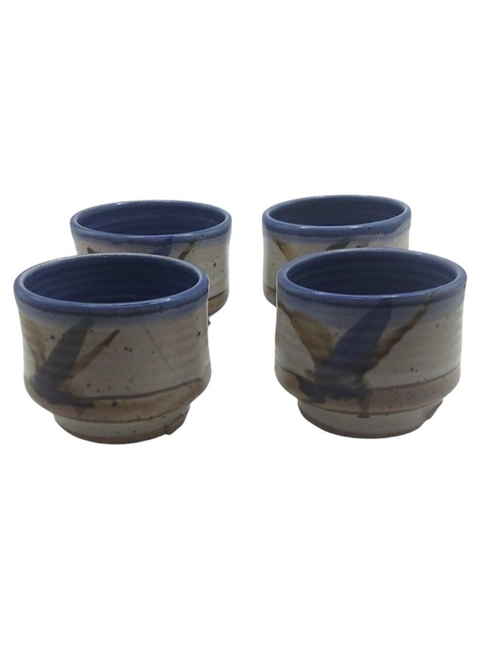 Vintage Japanese Studio Pottery Hand Thrown Tea Cups Set Of 4 Blue & Brown Glaze - Picture 6 of 8